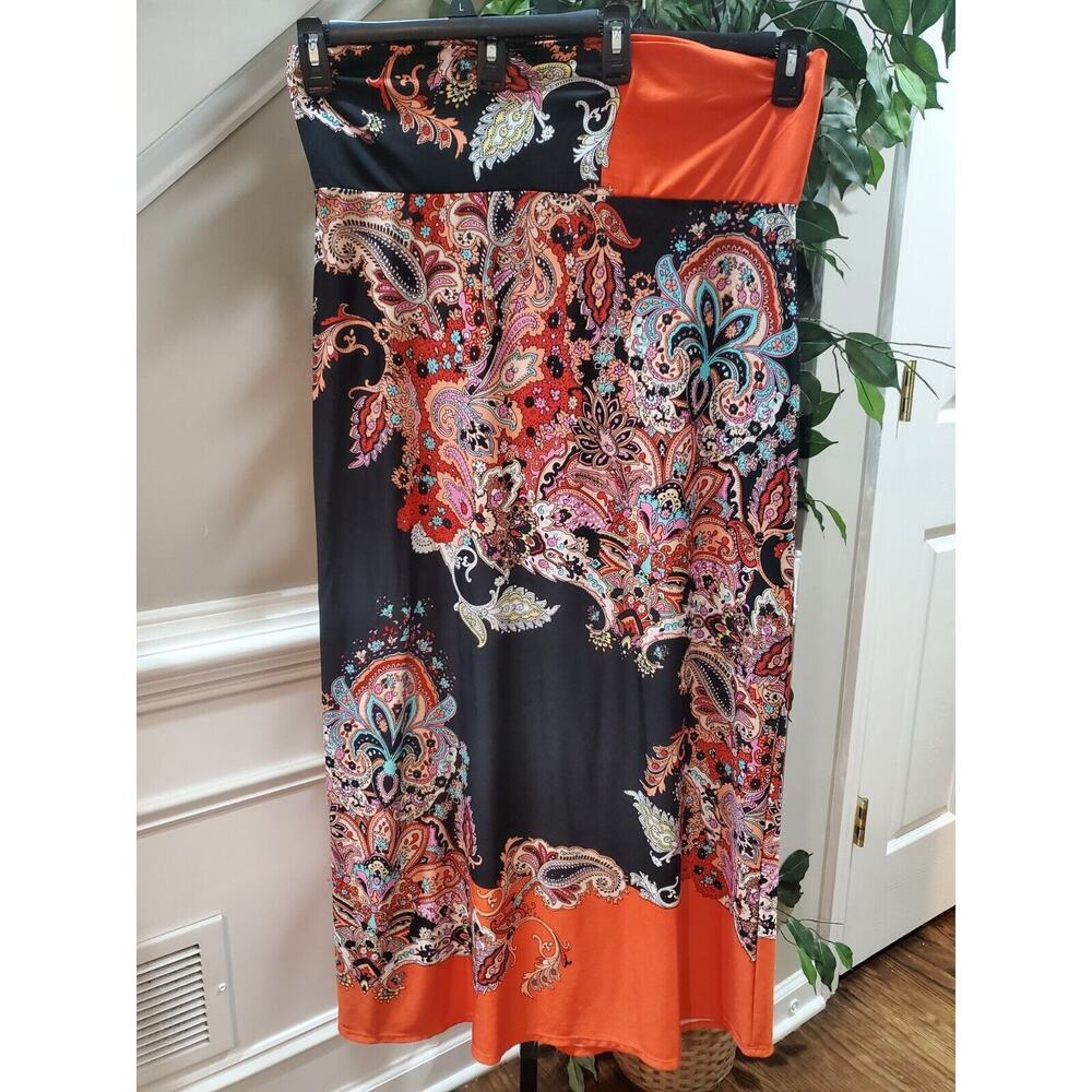 Soho Apparel Women's Black & Orange Paisley Polyester Long Skirt Size X-Large